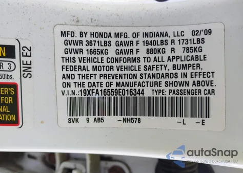 2009 Honda Civic Lx from USA, damaged, VIN 19XFA16559E016344